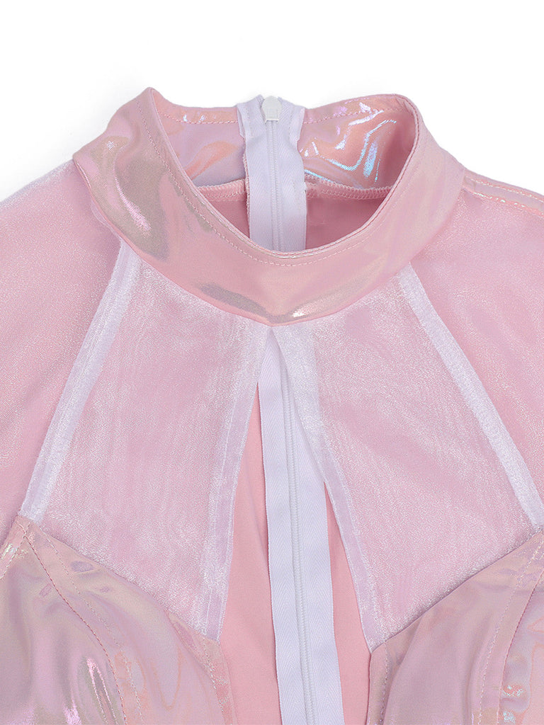 Robe Rose Col V Profond Métallique Laser Mesh Patchwork Années 1960 4