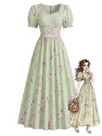 [Prévente] Robe Cottagecore à Col Cœur avec Roses et Manches Bouffantes Années 1930