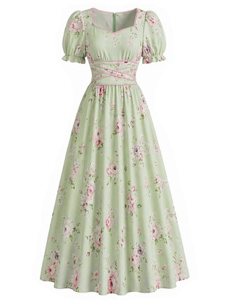 [Prévente] Robe Cottagecore à Col Cœur avec Roses et Manches Bouffantes Années 1930
