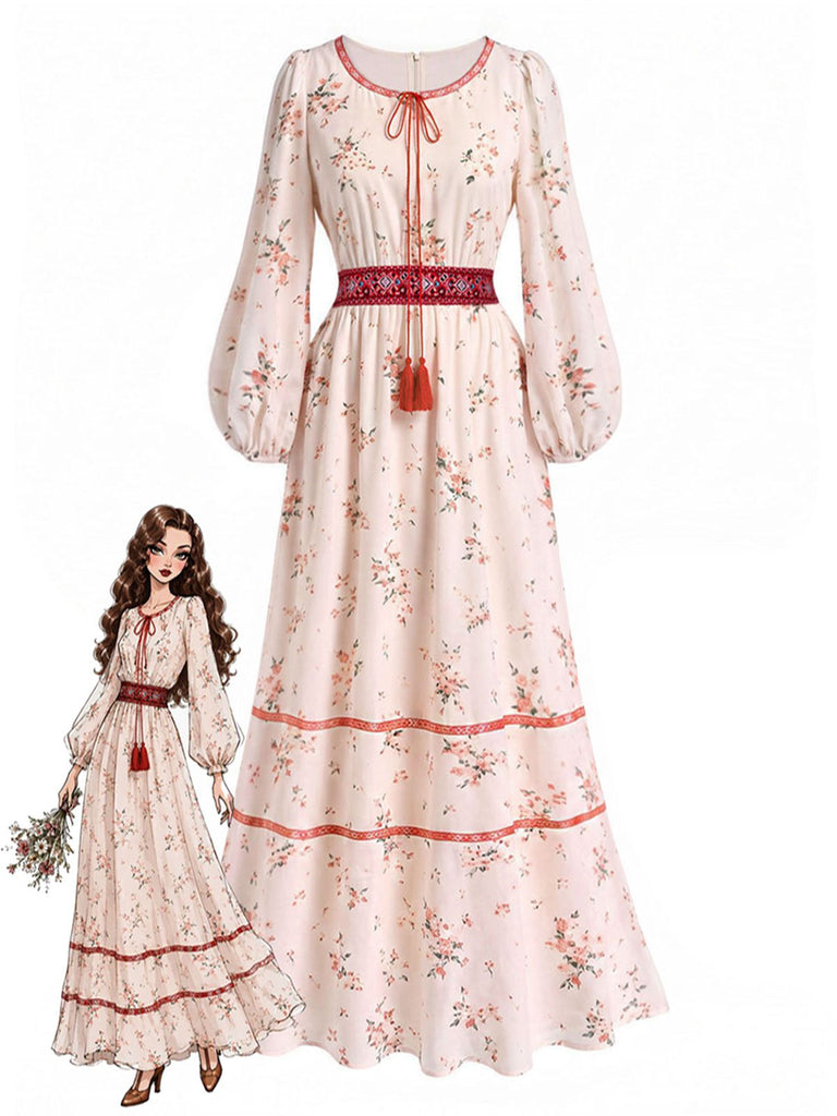 [Prévente] Robe Boho Manches Bouffantes Fleuri Pompons Années 1970