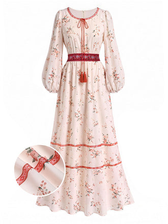 [Prévente] Robe Boho Manches Bouffantes Fleuri Pompons Années 1970