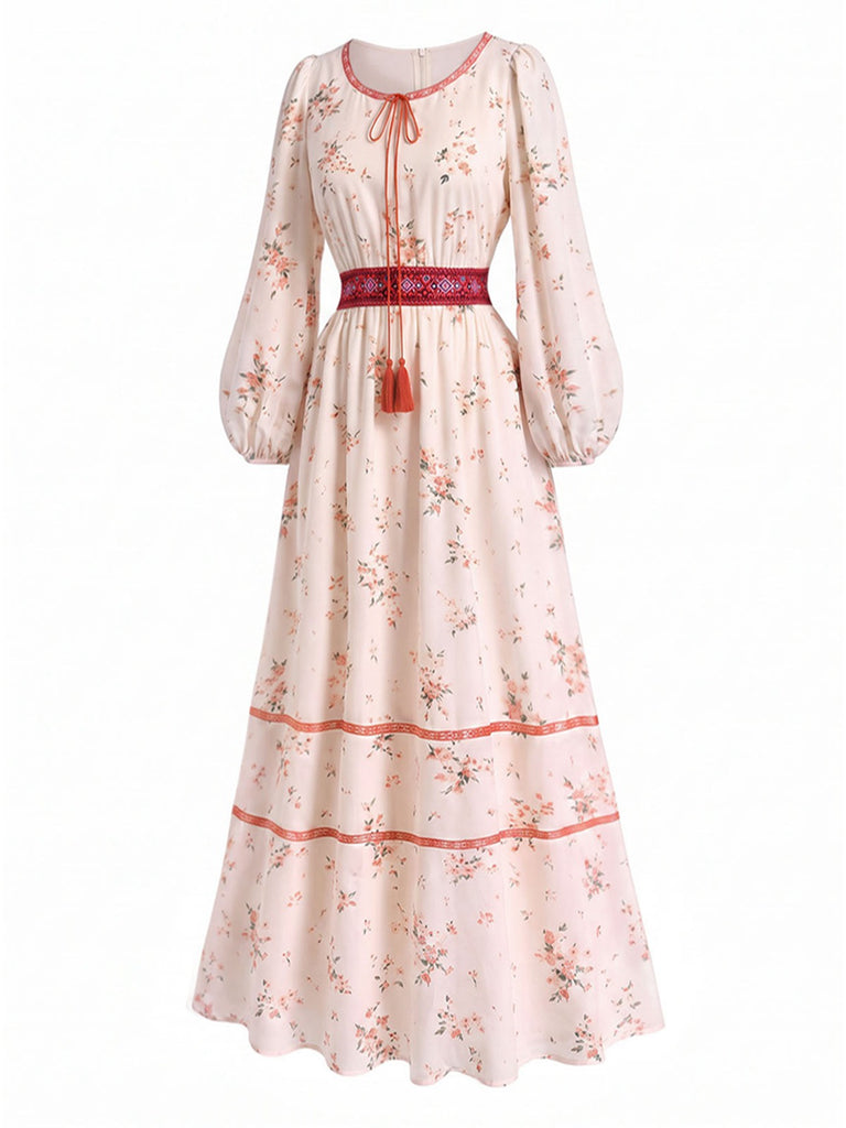 [Prévente] Robe Boho Manches Bouffantes Fleuri Pompons Années 1970