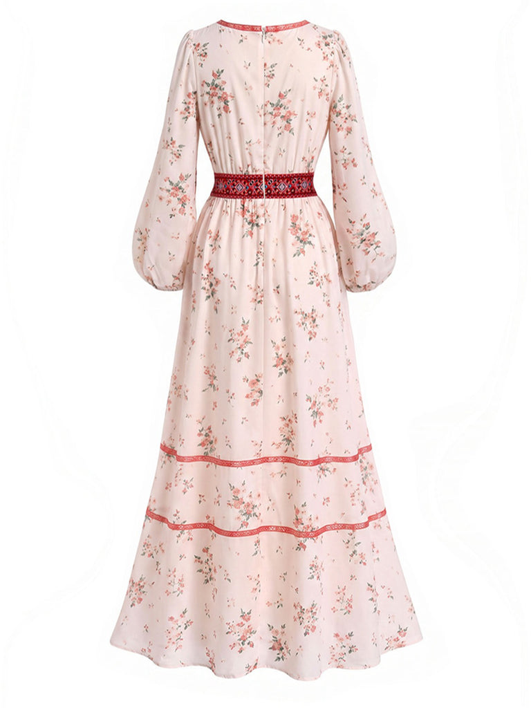 [Prévente] Robe Boho Manches Bouffantes Fleuri Pompons Années 1970