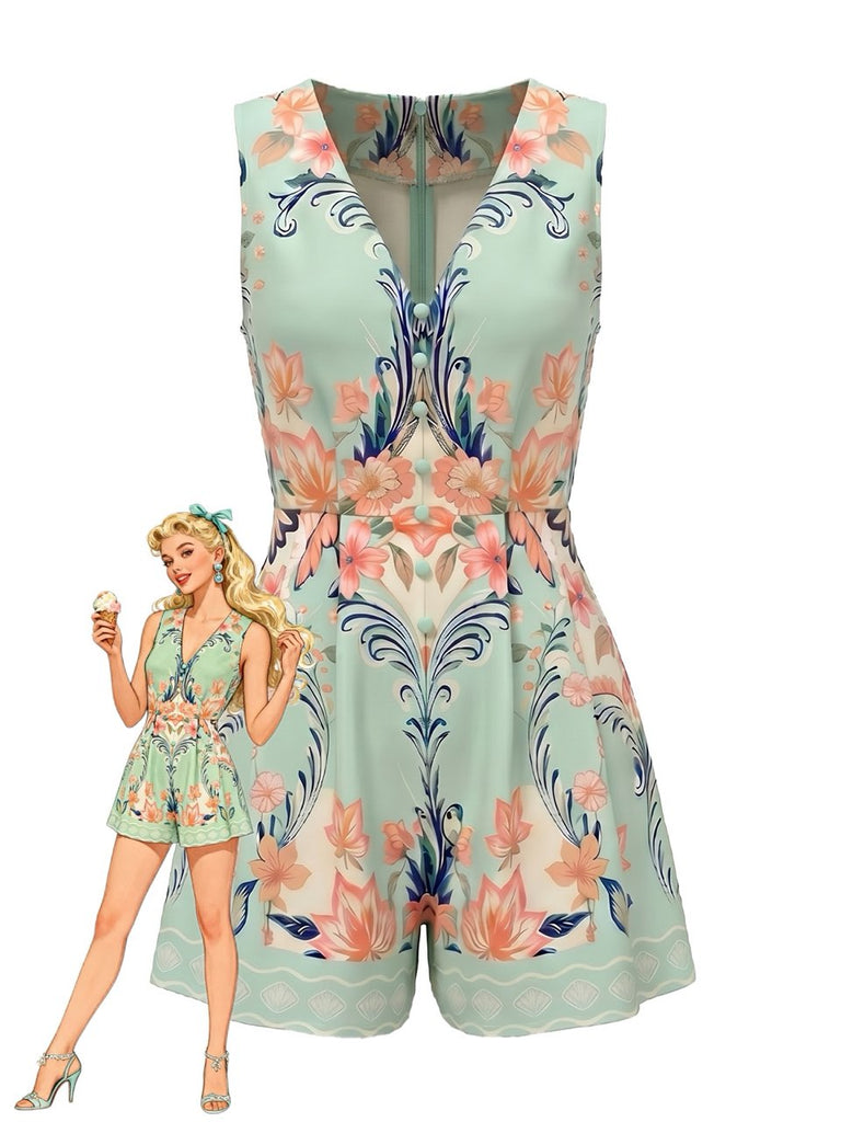 [Prévente] Combishort Vert Menthe Col V Symmetrical Floral Années 1950