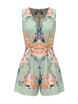 [Prévente] Combishort Vert Menthe Col V Symmetrical Floral Années 1950 2