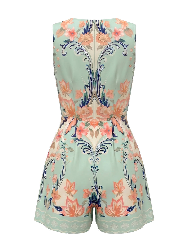 [Prévente] Combishort Vert Menthe Col V Symmetrical Floral Années 1950 3