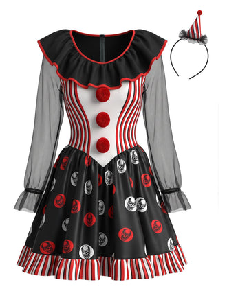 Robe costume noire de clown d’Halloween à crânes et rayures années 1950
