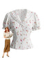 Blouse blanche manches bouffantes dentelle florale col revers et boutons perlés années 40