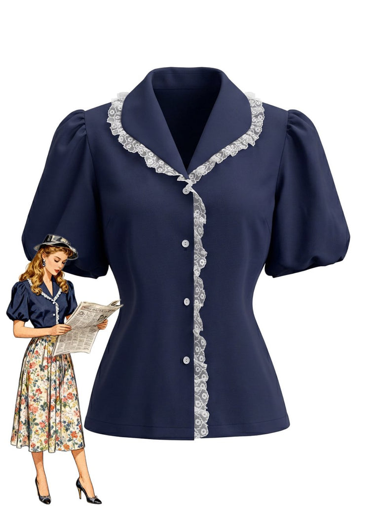 Blouse à Col Claudine avec Bordure en Dentelle et Manches Bouffantes Marine Années 1950