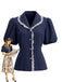Blouse à Col Claudine avec Bordure en Dentelle et Manches Bouffantes Marine Années 1950