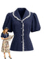 Blouse bleu marine manches bouffantes col Claudine et finitions dentelle années 1950