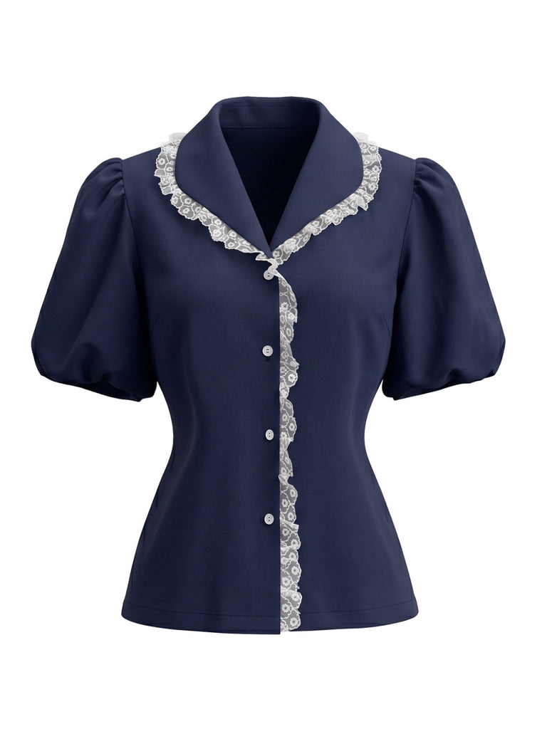 Blouse à Col Claudine avec Bordure en Dentelle et Manches Bouffantes Marine Années 1950