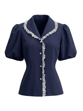 Blouse à Col Claudine avec Bordure en Dentelle et Manches Bouffantes Marine Années 1950