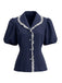 Blouse à Col Claudine avec Bordure en Dentelle et Manches Bouffantes Marine Années 1950