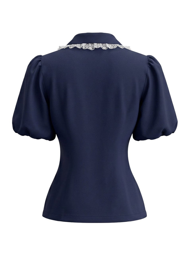 Blouse à Col Claudine avec Bordure en Dentelle et Manches Bouffantes Marine Années 1950