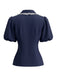 Blouse à Col Claudine avec Bordure en Dentelle et Manches Bouffantes Marine Années 1950