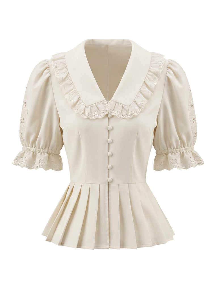 Blouse Beige Dentelle Col Claudine Manches Bouffantes Années 1970
