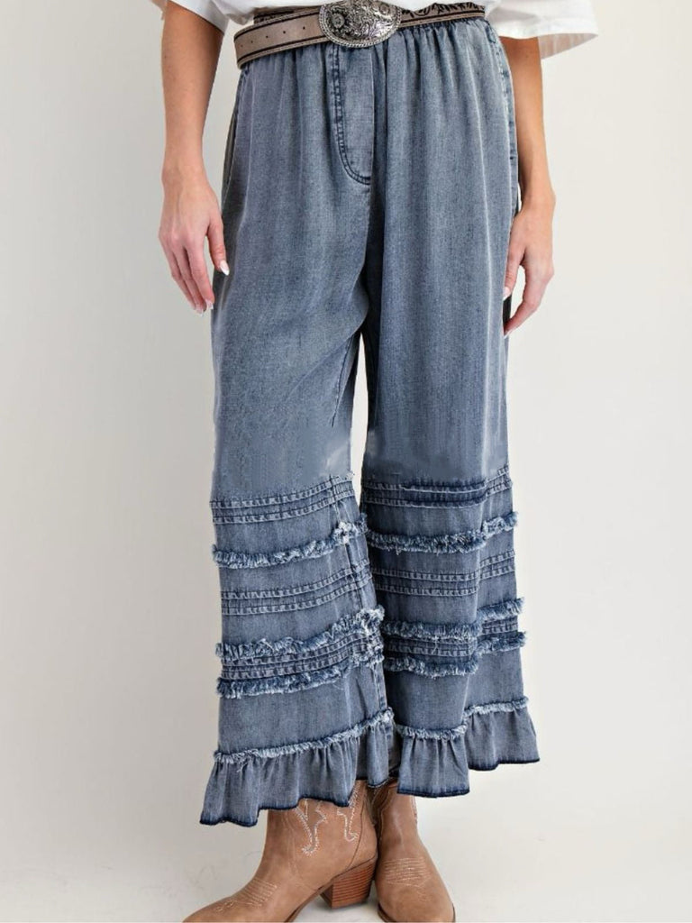 Pantalon Ruffled Ourlet Jambes Larges Denim Années 1970