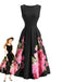 Robe Plissée Florale à Col Rond Noir Années 1950