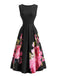 Robe Plissée Florale à Col Rond Noir Années 1950