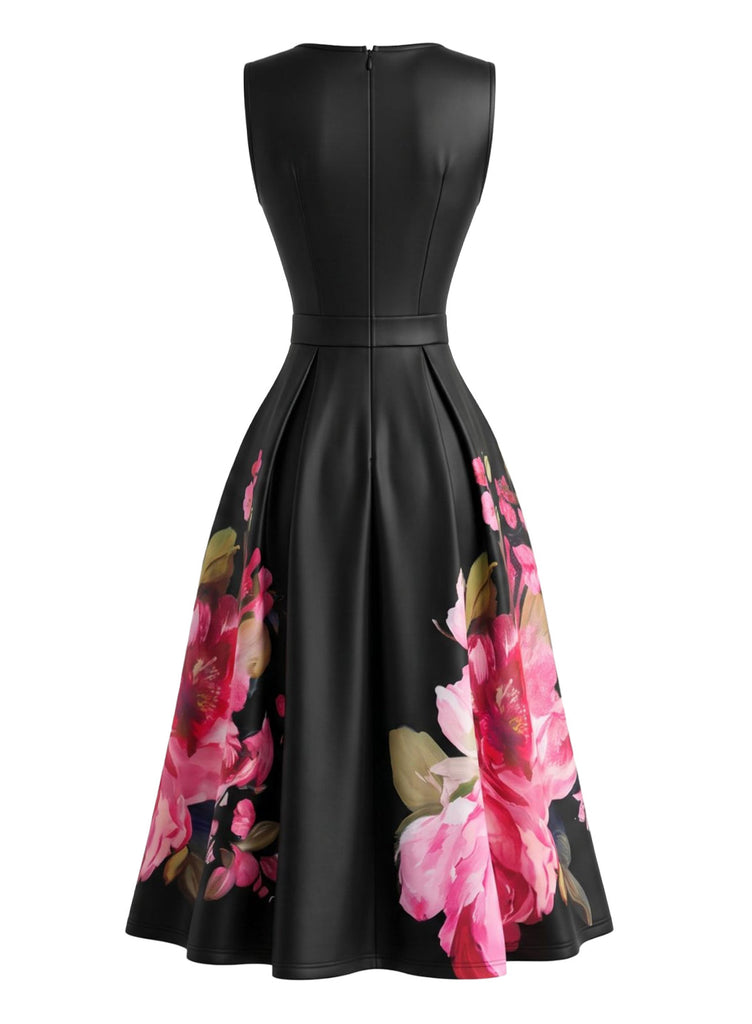 Robe Plissée Florale à Col Rond Noir Années 1950