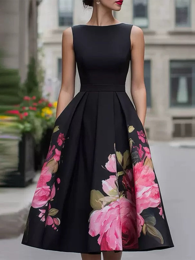 Robe Plissée Florale à Col Rond Noir Années 1950