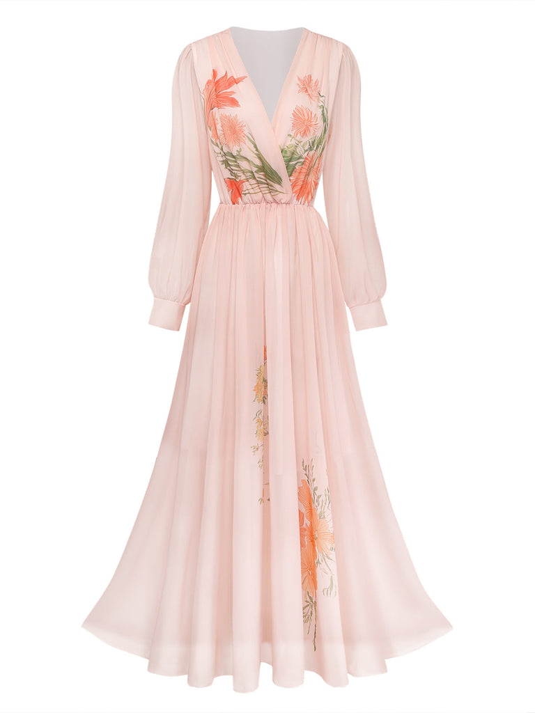 Robe Orange Rose Floral Manches Bouffantes Maxi Années 1930