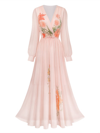 Robe Orange Rose Floral Manches Bouffantes Maxi Années 1930