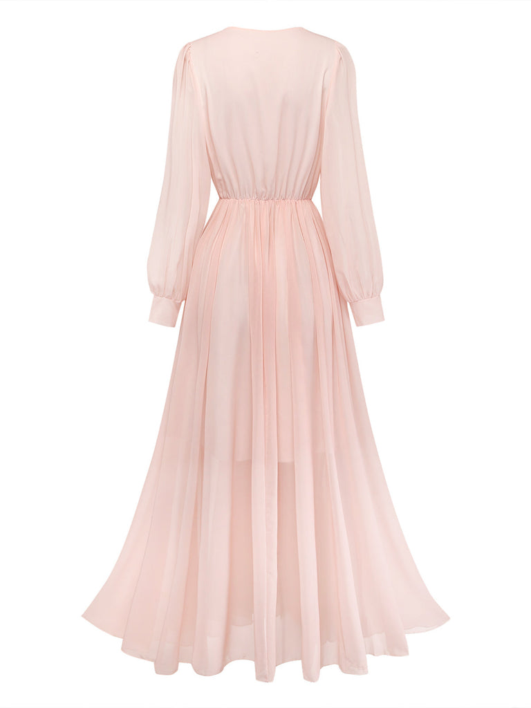 Robe Orange Rose Floral Manches Bouffantes Maxi Années 1930