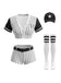 Ensemble costume de joueur de baseball à fines rayures avec chapeau et chaussettes années 1970