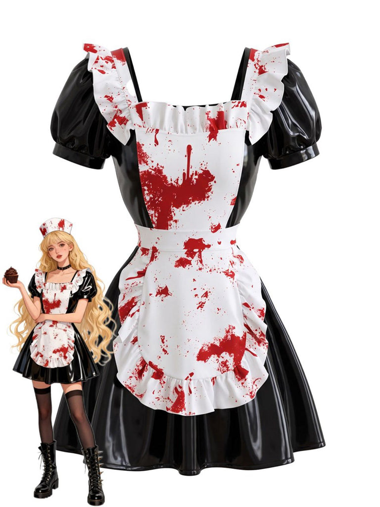 Robe de servante noire pour Halloween similicuir verni taches de sang années 50