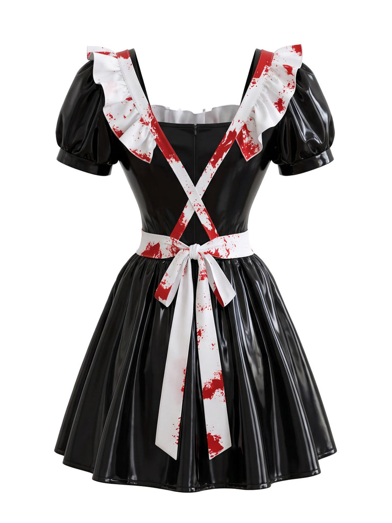 Robe de soubrette noire Halloween en vinyle effet sanglant Années 1950