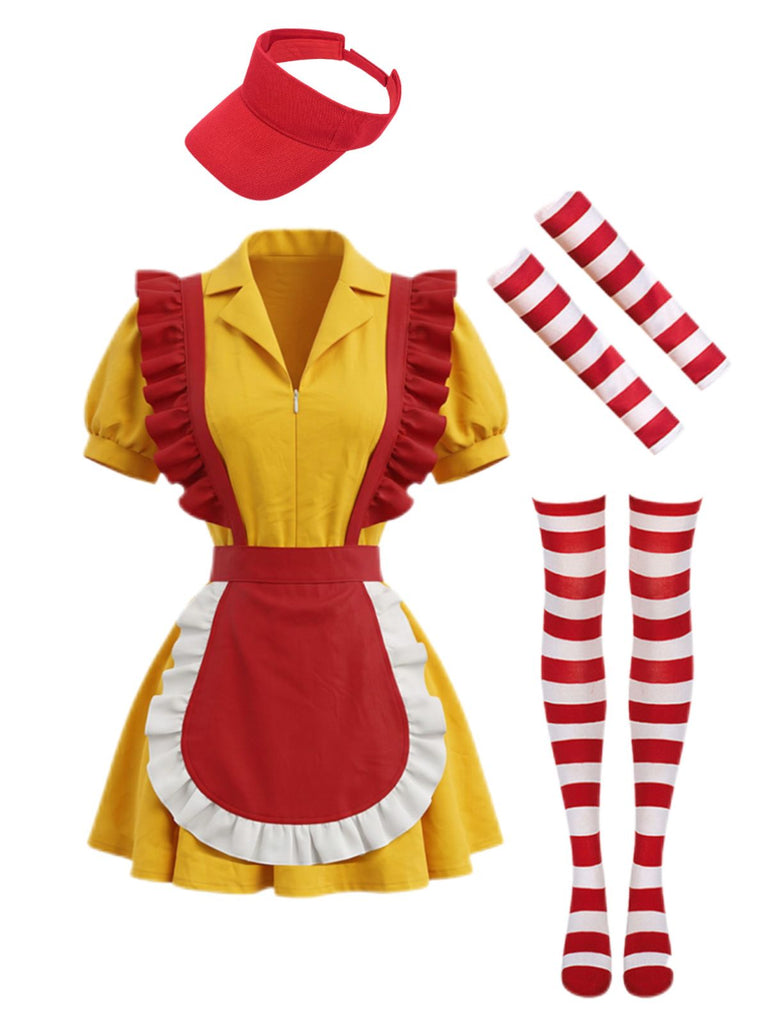 Ensemble costume rayé de serveuse fast-food à volants et tablier Années 1980