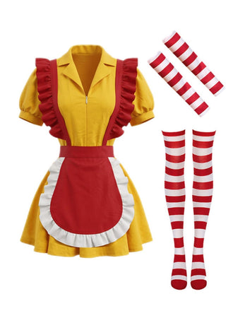 Ensemble costume rayé de serveuse fast-food à volants et tablier Années 1980
