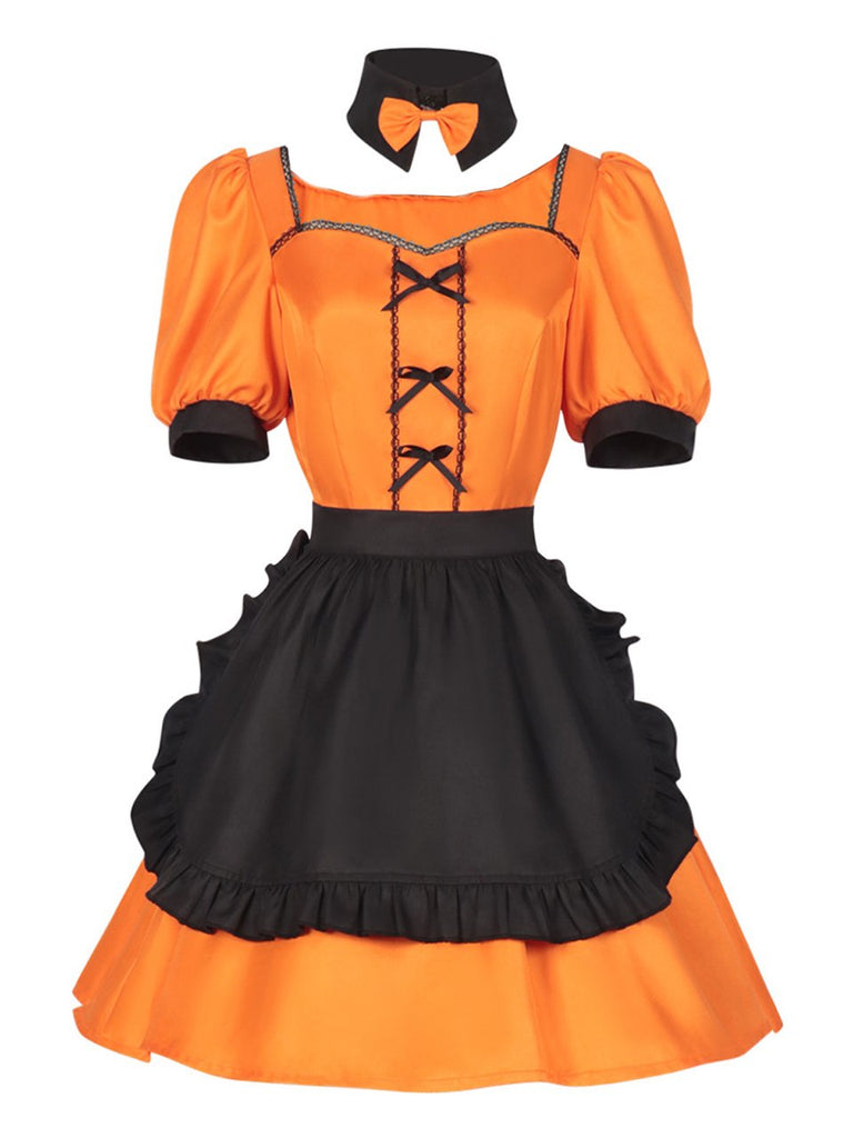 Ensemble robe de soubrette Halloween à nœud et citrouille Années 1950