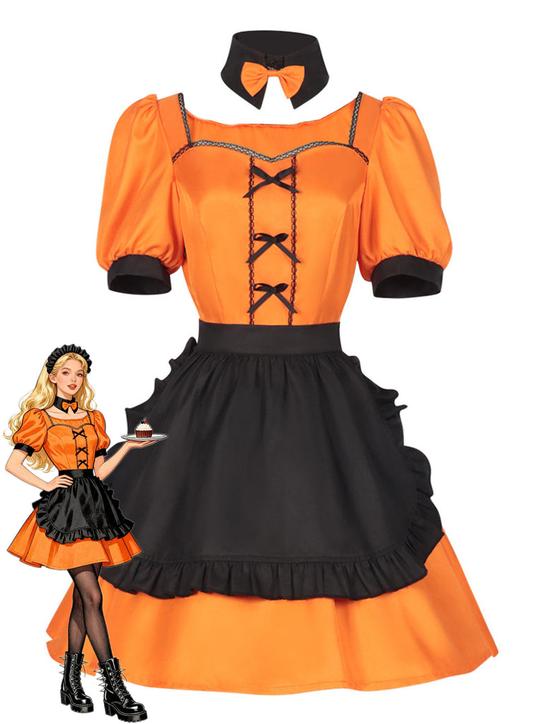 Ensemble robe de soubrette Halloween à nœud et citrouille Années 1950