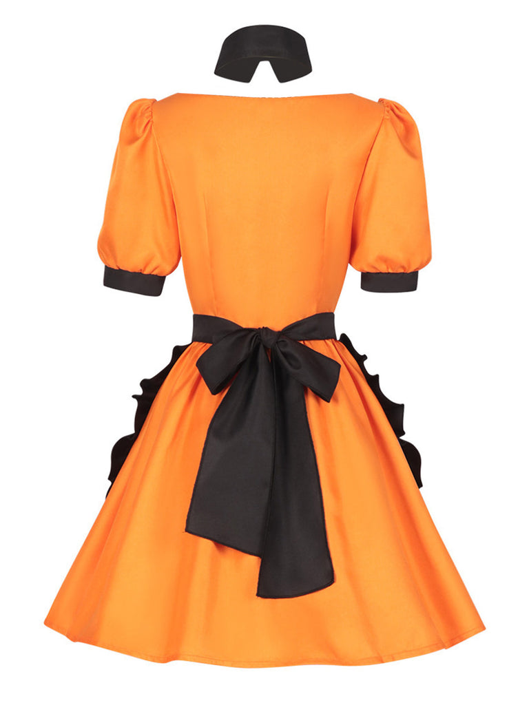 Ensemble robe de soubrette Halloween à nœud et citrouille Années 1950