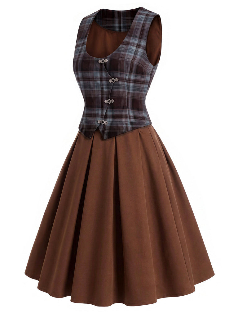 [Prévente] Ensemble 3PCS avec blouse à manches bouffantes, gilet à carreaux et jupe Années 1950