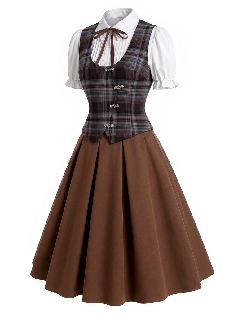 [Prévente] Ensemble 3PCS avec blouse à manches bouffantes, gilet à carreaux et jupe Années 1950