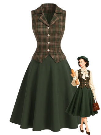 [Prévente] Ensemble 2PCS vert à carreaux avec gilet et jupe en A Années 1940