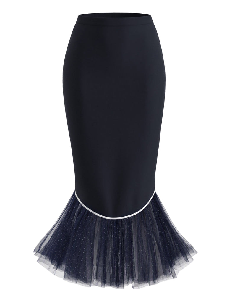 [Prévente] Jupe sirène bleu foncé à bordure contrastée et ourlet en tulle Années 1960