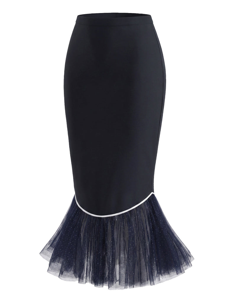 [Prévente] Jupe sirène bleu foncé à bordure contrastée et ourlet en tulle Années 1960