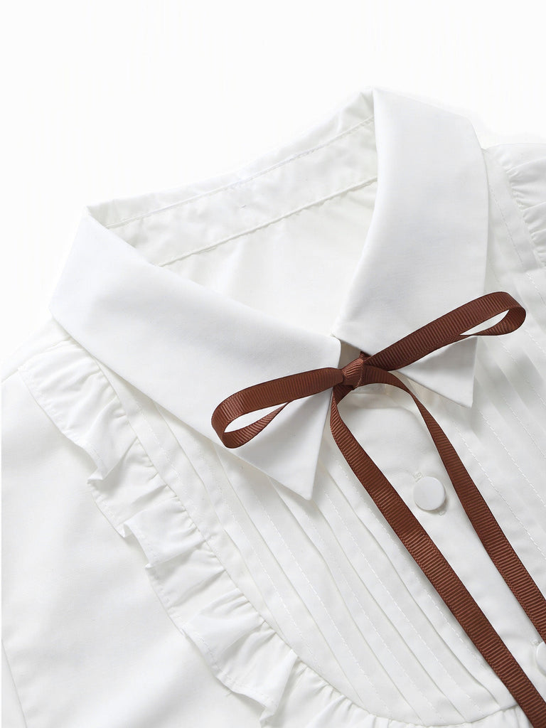 [Prévente] Blouse blanche à manches bouffantes, volants et col à nœud Années 1940