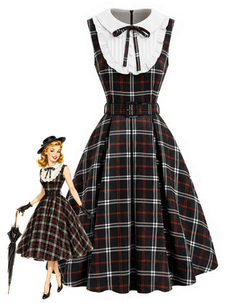[Prévente] Robe à Col Claudine à Carreaux Noir et Rouge Années 1950