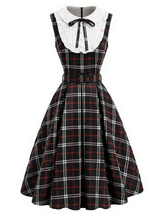 [Prévente] Robe à Col Claudine à Carreaux Noir et Rouge Années 1950