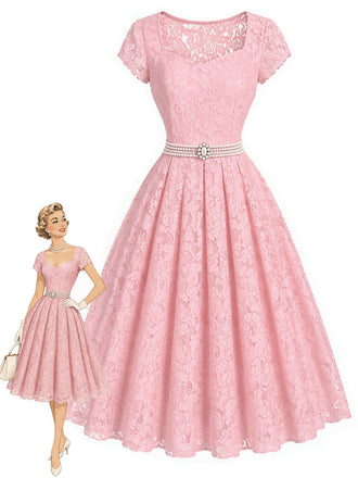 [Prévente] Robe Rose Sweetheart Dentelle Pearl Belt Umbrella Années 1950
