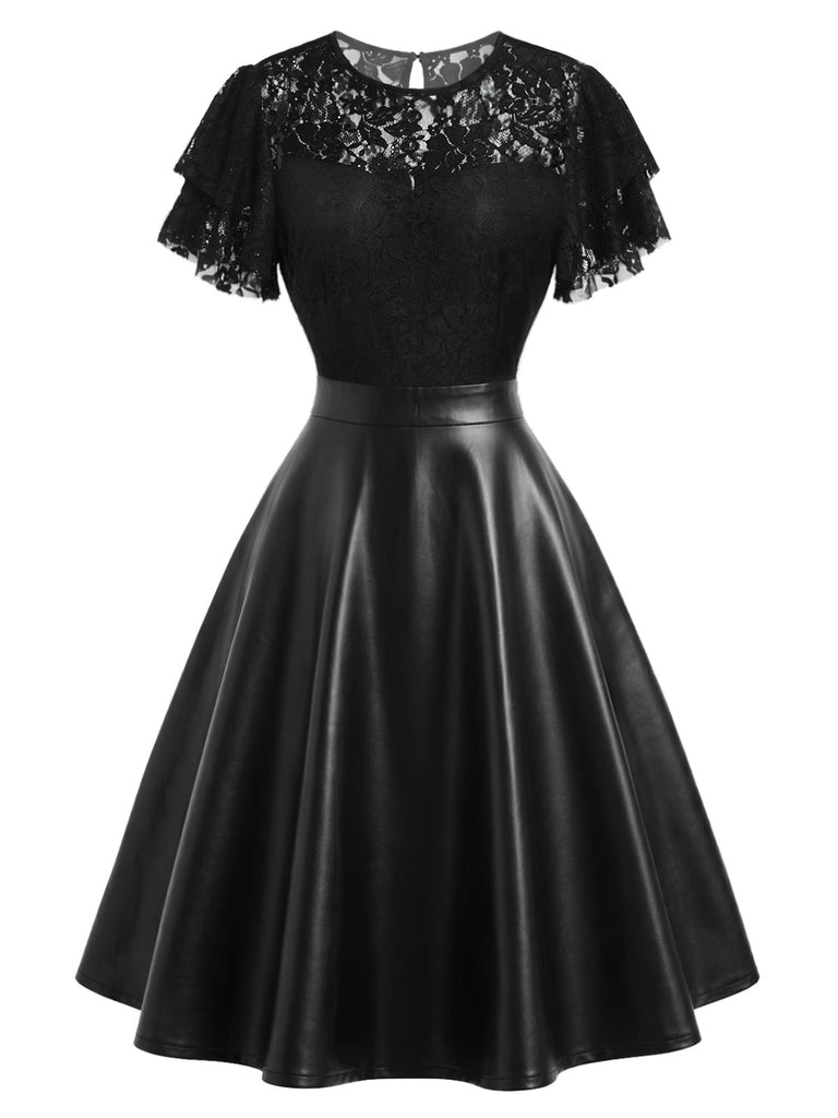 [Prévente] Robe noire en dentelle et similicuir à col rond années 1950