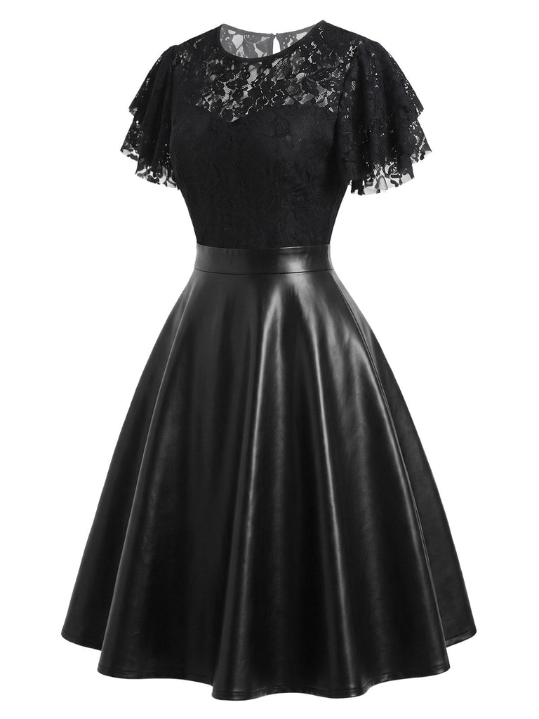 [Prévente] Robe noire en dentelle et similicuir à col rond années 1950
