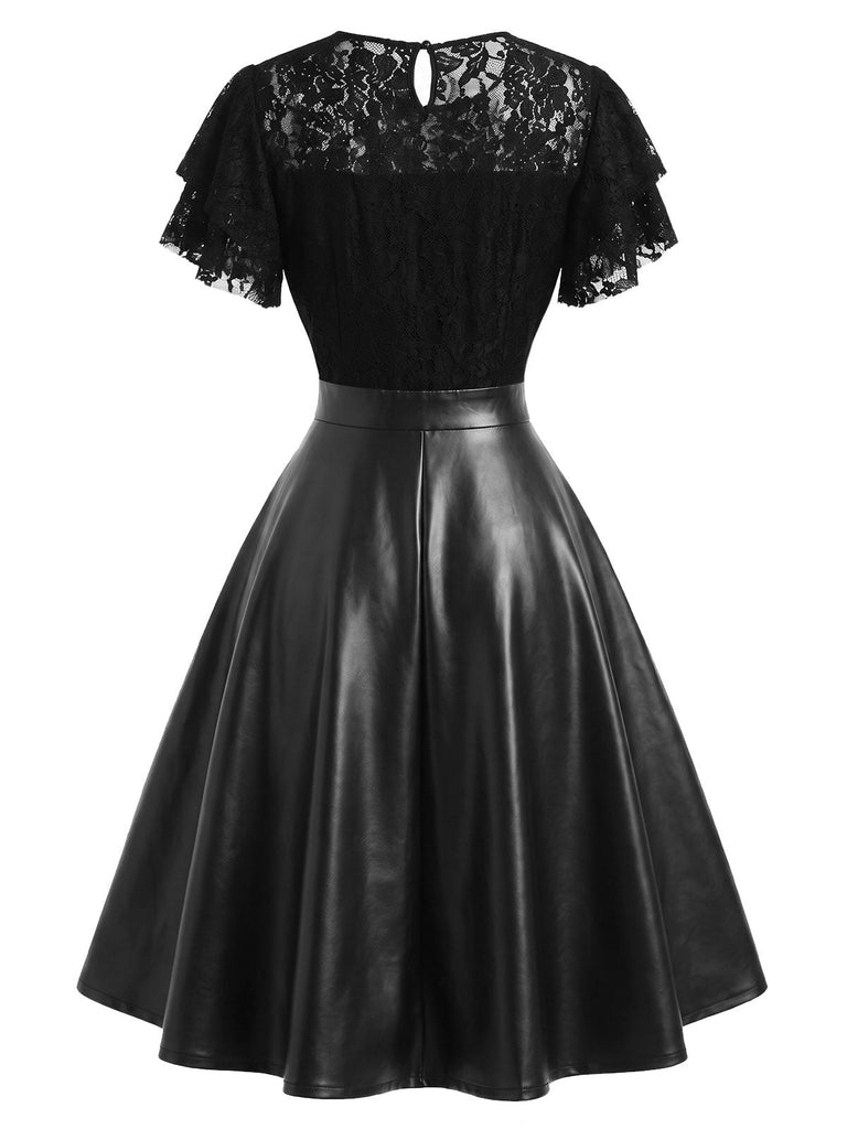[Prévente] Robe noire en dentelle et similicuir à col rond années 1950
