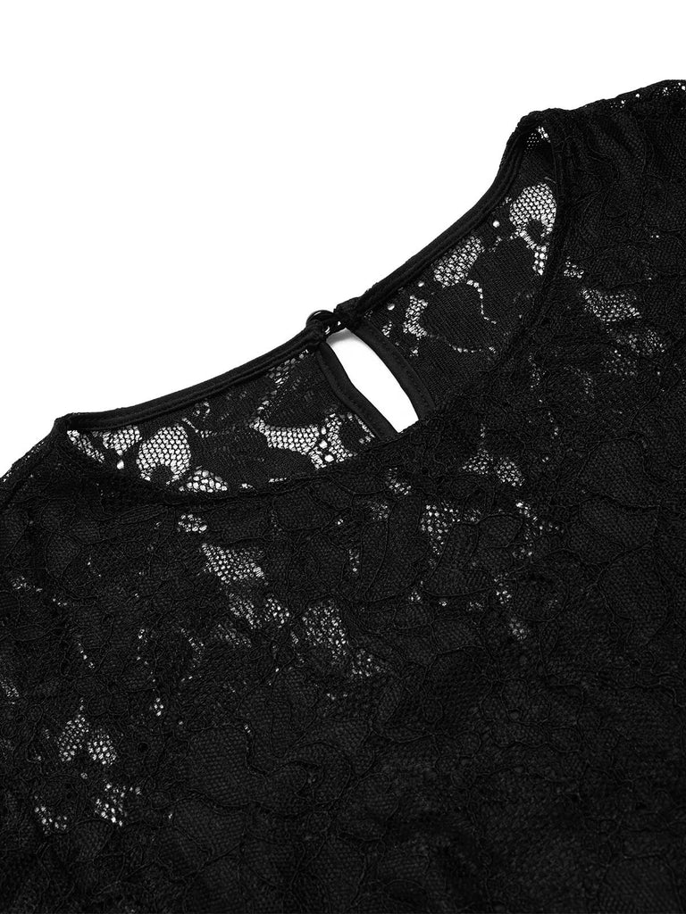 [Prévente] Robe noire en dentelle et similicuir à col rond années 1950